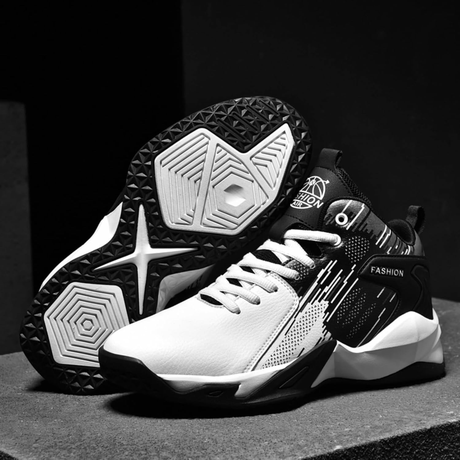 Men's Lace Up Breathable Leather Cushioning Basketball Shoes Fashion High-Top Non-Slip Sneakers Casual for Gym Sports Tennis Jogging Running Walking