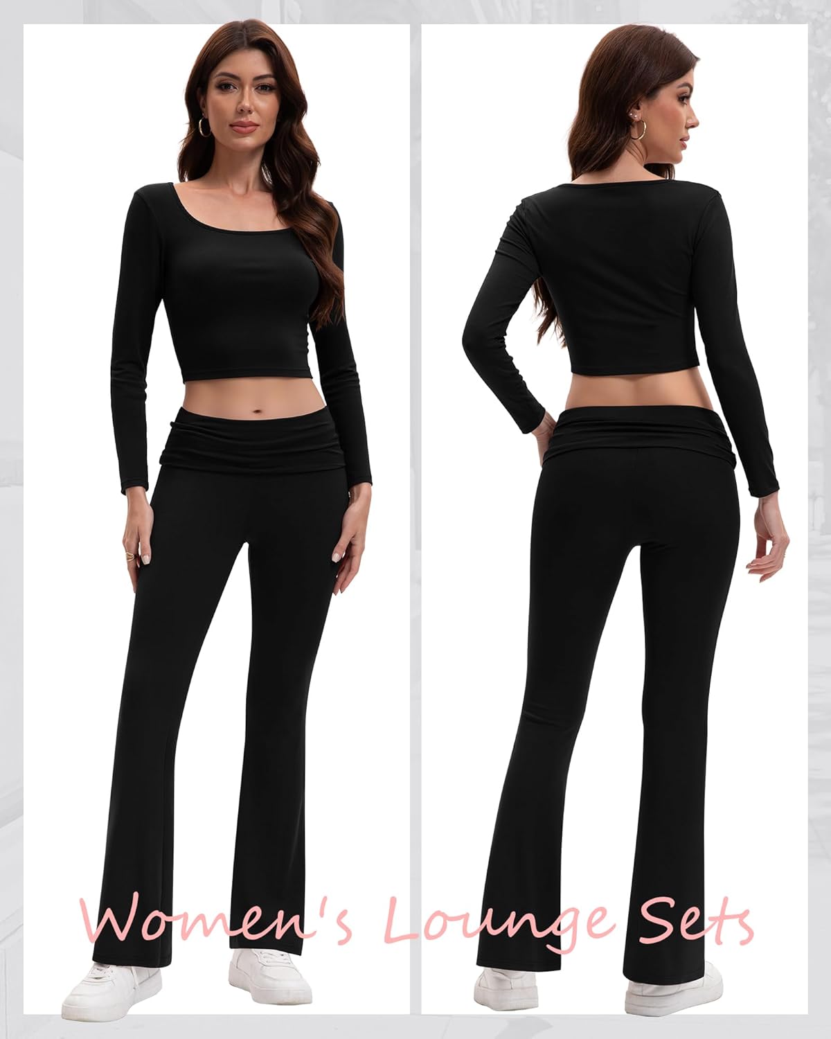 Women's 2 Piece Workout Sets Square Neck Long Sleeve Crop Tops Fold over Flare Leggings Casual Gym Pilates Yoga Set - Image 2