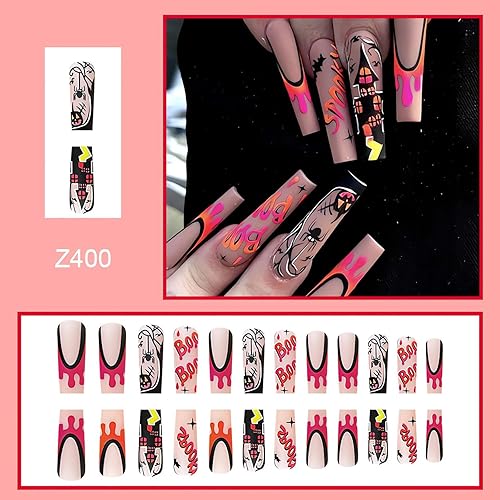 Miniatura 5 de Uñas postizas largas de Halloween, uñas cuadradas a presión, con punta francesa de sangre, uñas con pegamento, uñas de araña largas cuadradas de