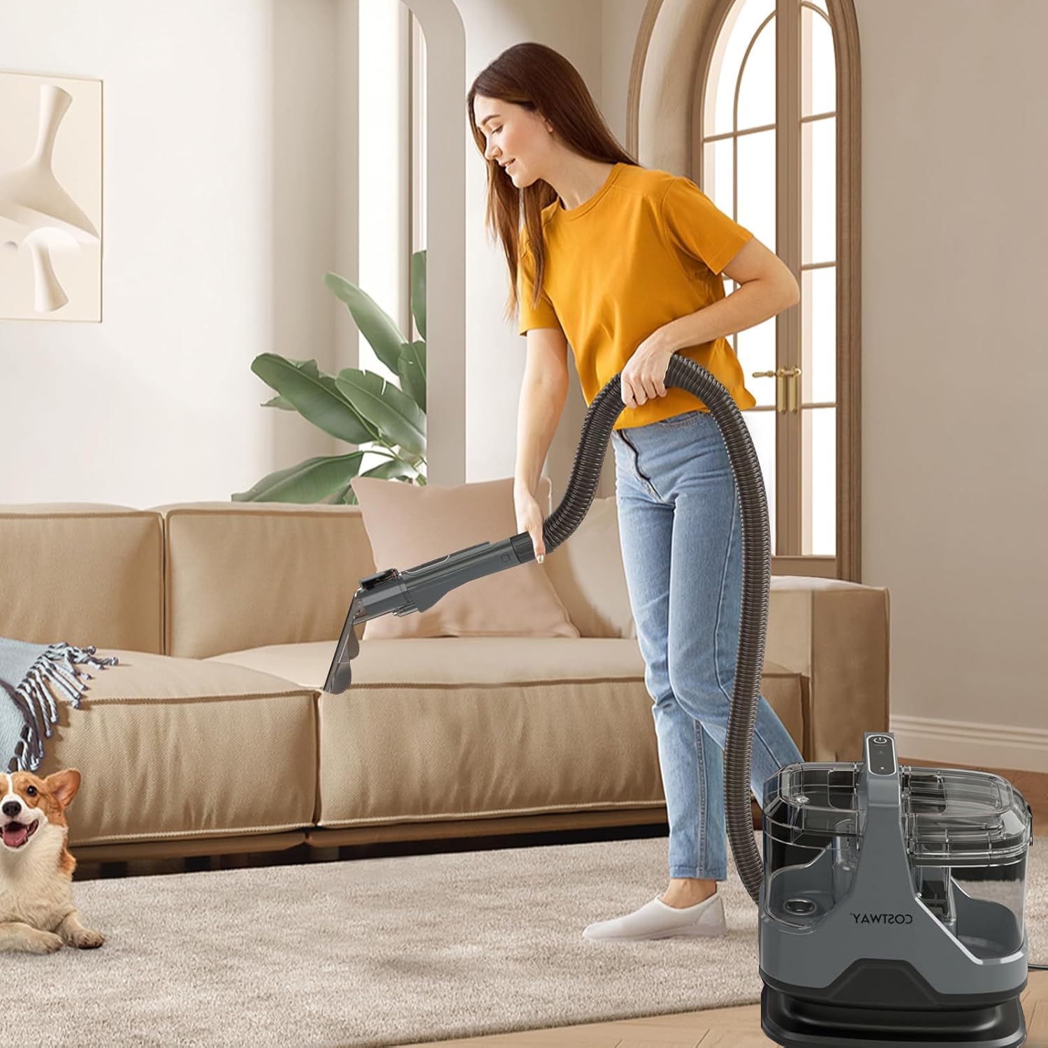 Woman cleaning carpet with upholstery cleaner