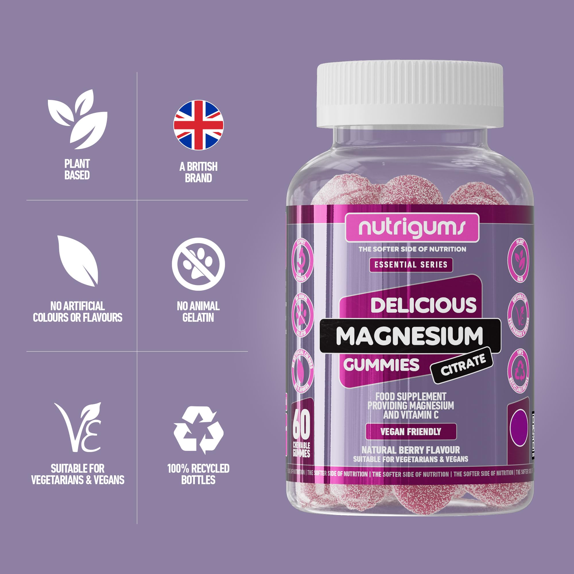 Magnesium Citrate 1250mg & Vitamin C Gummy | High Strength | 150mg of Elemental Magnesium & 80mg Vitamin C | Mixed Berry Flavour | 60 Vegan Gummies | Energy & Bone Support by NUTRIGUMS®