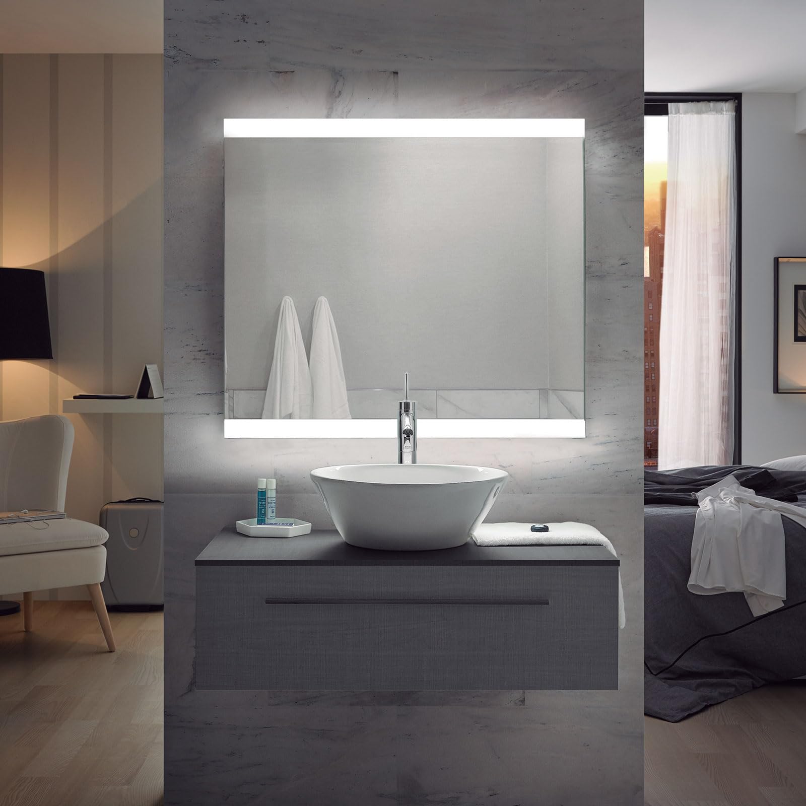 Aplike - Espejo de Baño Rectangular con 2 Tiras de Luz LED - 2 Posiciones (Horizontal y Vertical) - Luz Blanca Fría (5700K) - 80 x 70cm | Modelo Praga