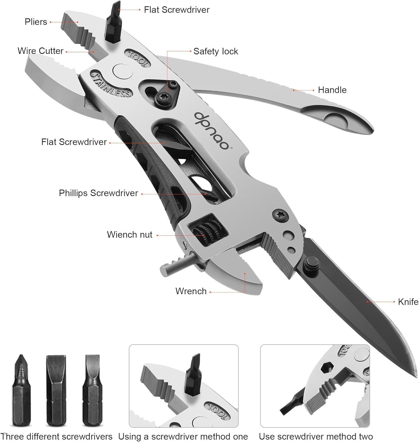 Multitool Wrench adjustable tool/5-in-1 stainless steel multifunctional pocket tool/cross wrench/screwdriver/pliers/portable folding knife with protective cover,outdoor camping,men's Christmas gift