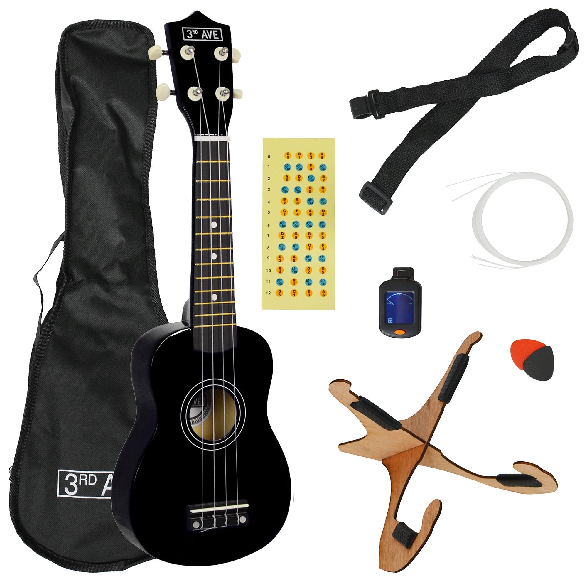 Sponsored Ad – Soprano Ukulele 21 Inch Beginner Pack Bundle – Bag, Stand, Strap, Strings, Picks and Fret Stickers – Black with FREE 1 Month Online Lessons