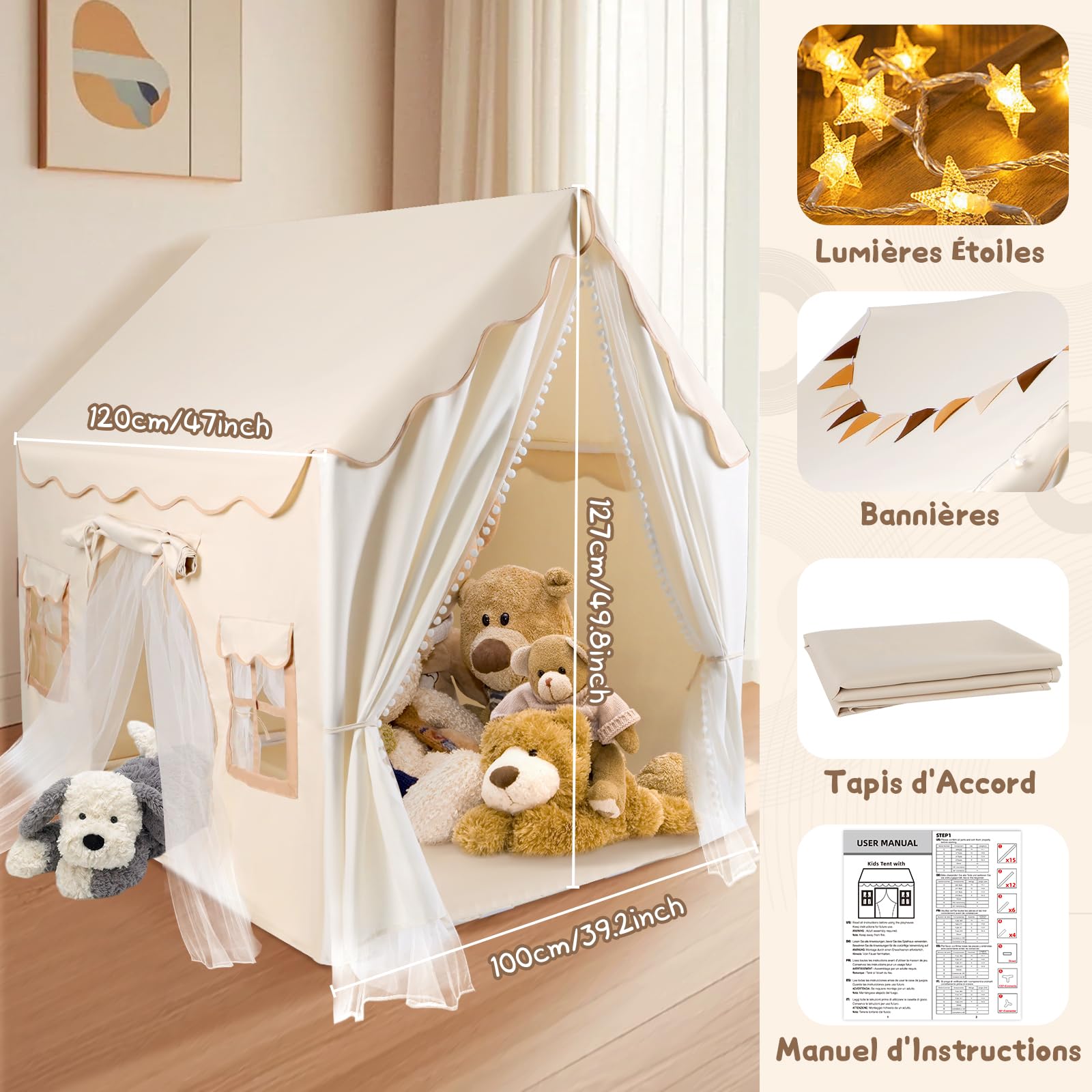 JONRRYIN Tente Enfant Interieur, Cabane Enfant avec 2 Entrées, Lumières et Drapeaux, Tapis de Sol, Tente de Lit Enfant, Tente de Jeux Enfant Cadeau pour Filles Garçons 120x100x127 CM