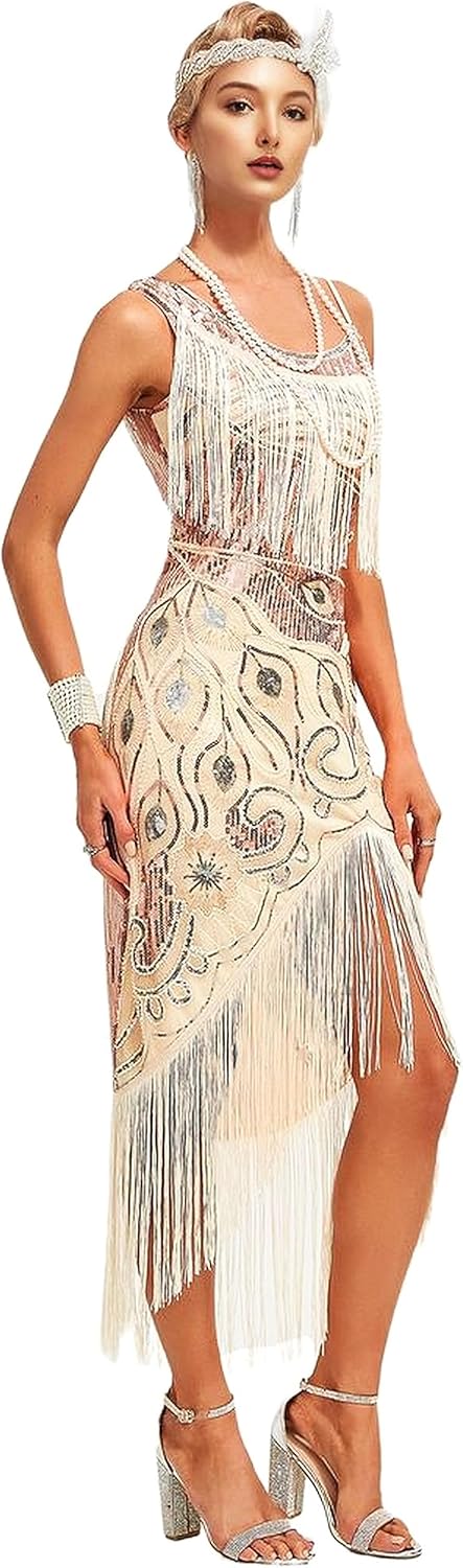 Peacock-inspired 1920s Gatsby Beaded Flapper Sling Dress Womens Vintage Cocktail Dress W/Complete Accessories Set - Image 5