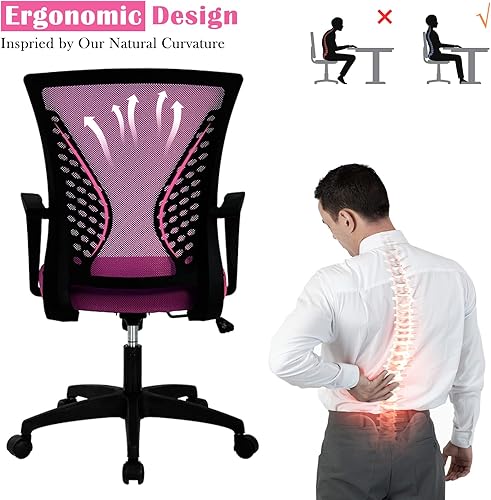 Miniatura 4 de Silla de oficina ergonómica de escritorio, silla de computadora de malla con respaldo medio, reposabrazos de soporte lumbar, moderna silla giratoria