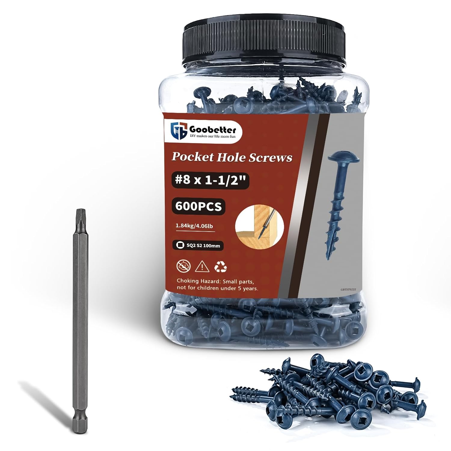 Pocket Hole Screws #8 x 1-1/2", Goobetter Pocket Screws 1-1/2 Inch 600 Pcs for Exterior, Washer Head with Square Drive, Coarse Thread, Blue Coated, Self Tapping, 100MM Drive Bit Included