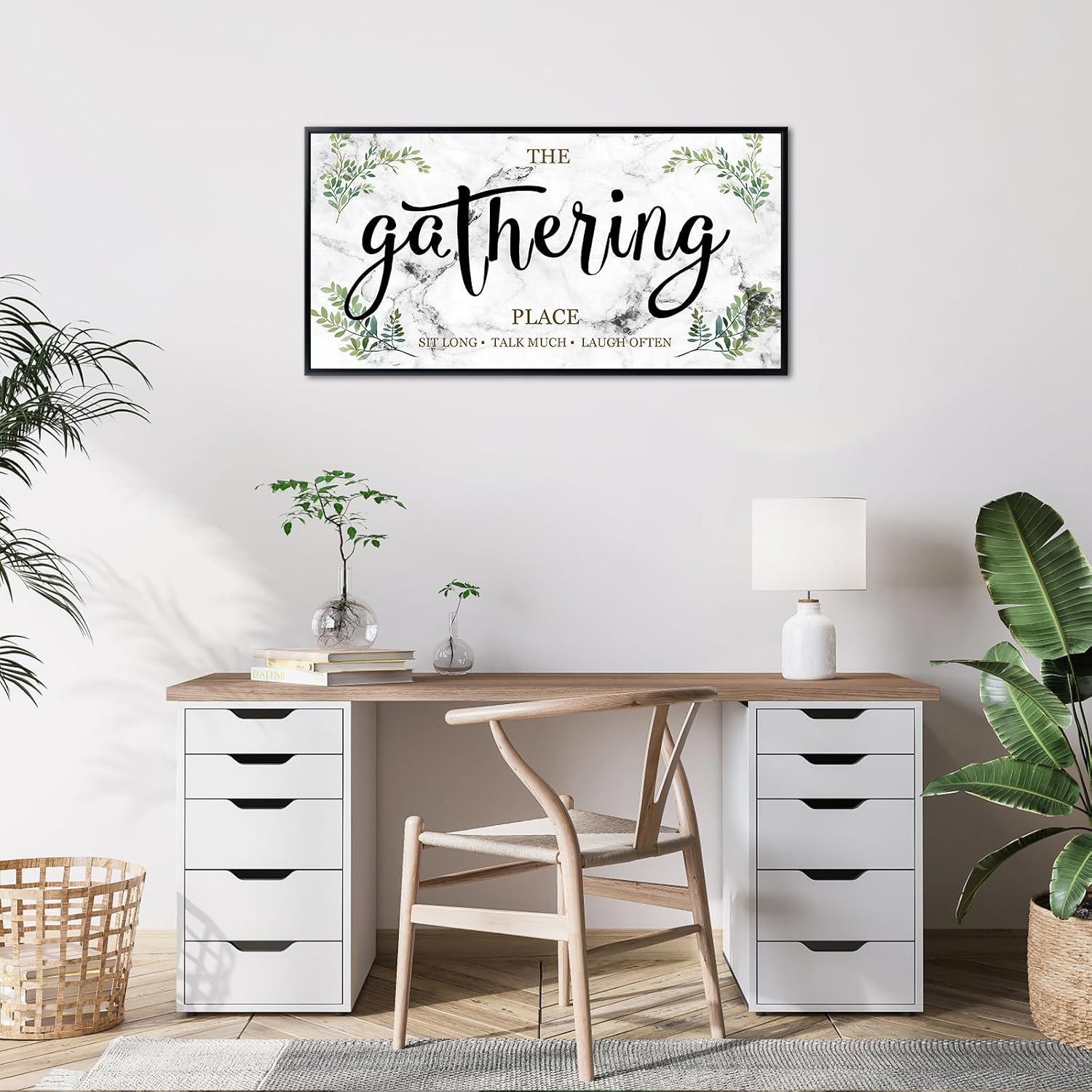 iLOOKLiKE The Gathering Place Sign Wall Art Rustic Gather Canvas Prints Sit Long Talk Much Laugh Often Artwork Black Floater Frame for Home Kitchen Dining Room 20"x40"
