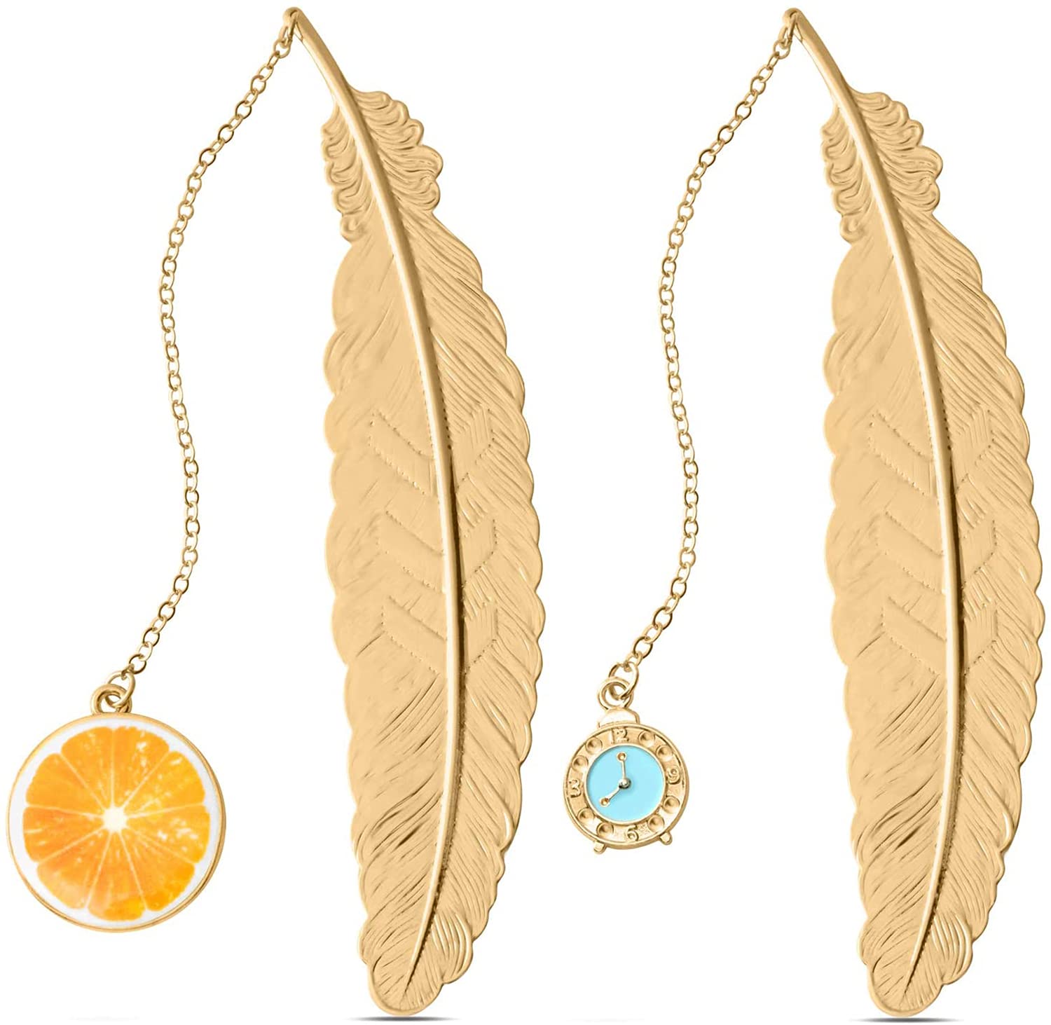DELFINO Bookmarks, Metal Feather Pendant Bookmarks, 2 Pack Handmade Metal Feather Book Markers Gifts for Men, Women, Kids, Teens Boys Girls and Readers (Lemon, Clock)