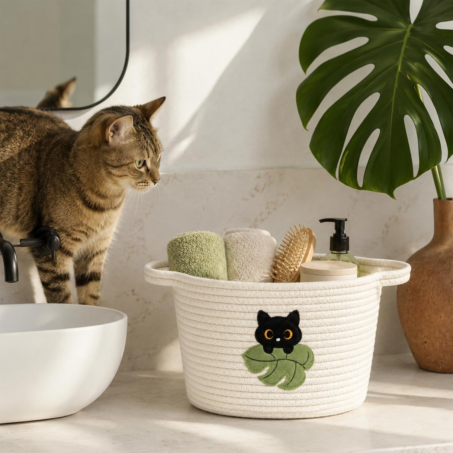 Small Storage Basket, Black Cat Monstera Leaf Cute Cat Toy Storage Basket