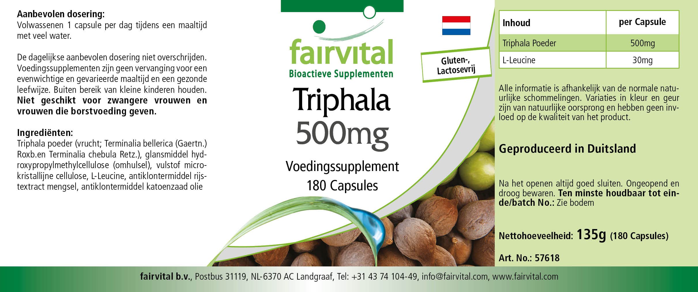 fairvital Triphala 500 mg, 180 capsule vegane, tripla frutta ayurvedica, Amalaki, Haritaki, Bibhitaki, qualità testata e ad alto dosaggio, Made in Germany
