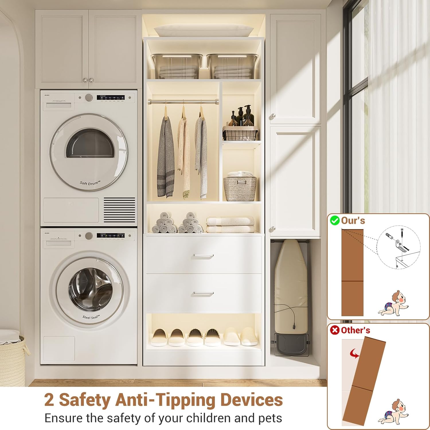 Besiost 8FT Closet System with 8 Wood Drawers, 96" Closet Organizer System with 20+ Small Shelves & 2 Hanging Rods, Walk-in/Nursery Closet Systems, Set of 4, White (96" L x 15" W x 80" H)