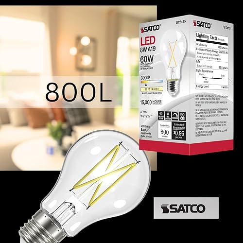 Miniatura 5 de Satco S12415 - Bombilla LED transparente A19 de 8 W, blanco suave de 3000 K, 800 lúmenes, 90 CRI, base E26 media, regulable, 120 V, equivalente a 60