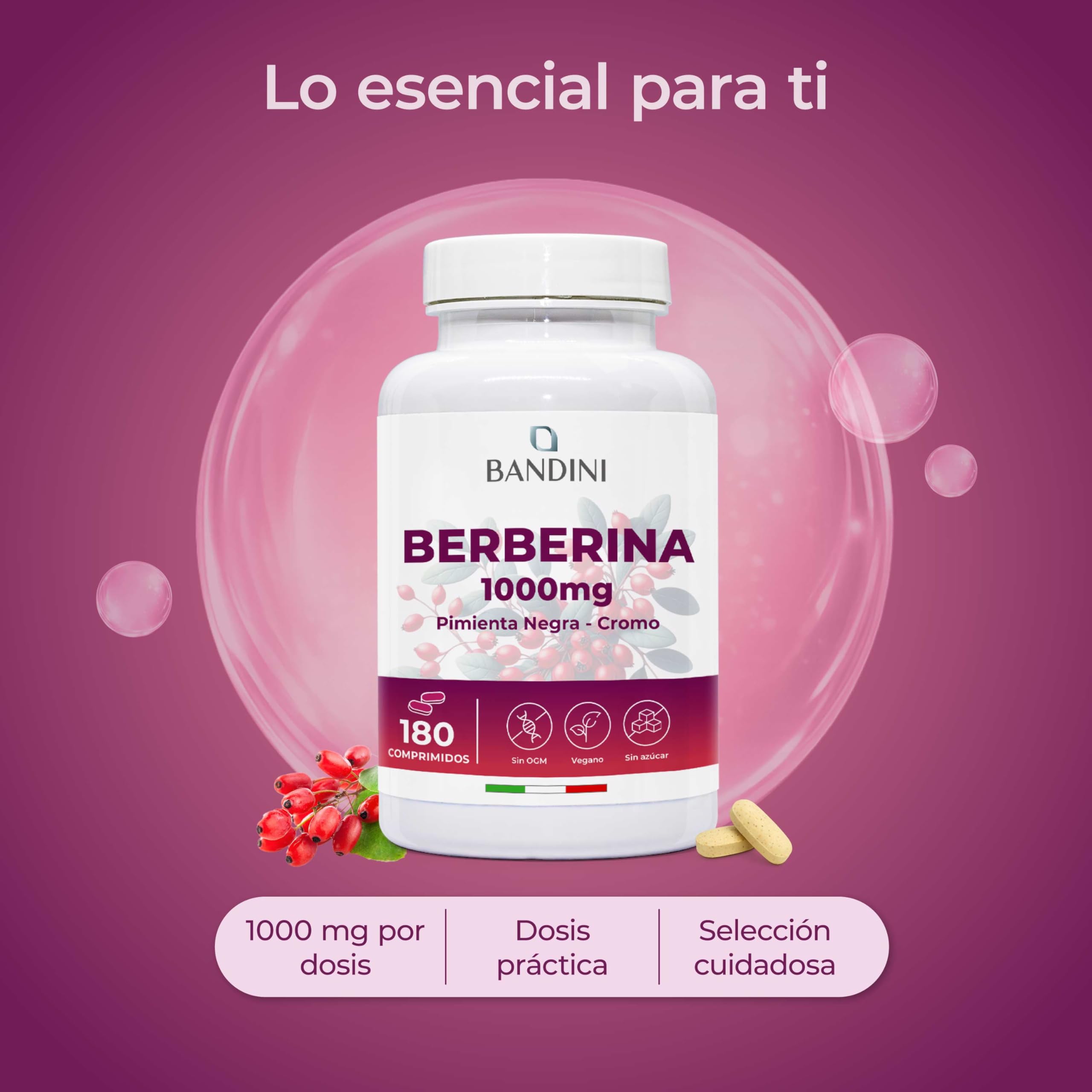 Bandini® Berberina 1000mg pura alta dosificación | 180 comprimidos veganos - Berberina HCl de Berberis Aristata 97% + Cromo y Pimienta Negra | Máxima absorción - Función digestiva, hepática, intestina