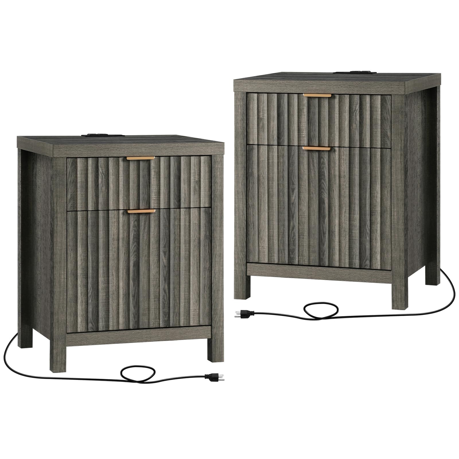 Oxford 2 Drawer Nightstand, End Table with Charging Station, Night Stand with Fluted Panel, Bed Side Table Set of 2 (Midnight Oak)