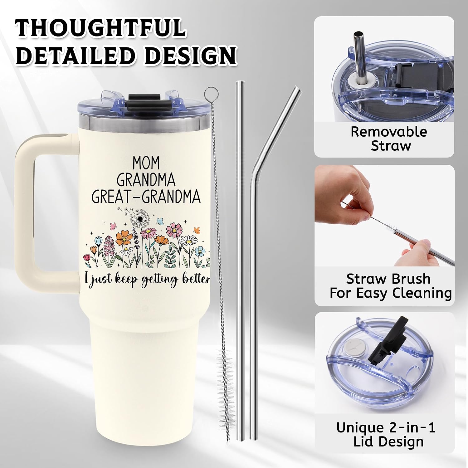 40oz Mom Tumbler Gifts for Grandma, Water Bottle with Handle and Straw, Stainless Steel Coffee Travel Mug, Mother's Day Birthday Gifts for Grandma Mom