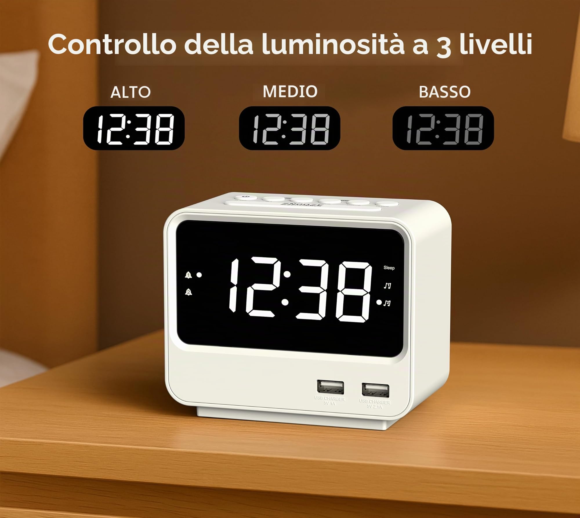 iTOMA Radiosveglia per camera da letto con due porte di ricarica USB, numeri grandi con luminosità regolabile, radio FM digitale per comodino con timer per sonno, orologio digitale LED bianco A23W