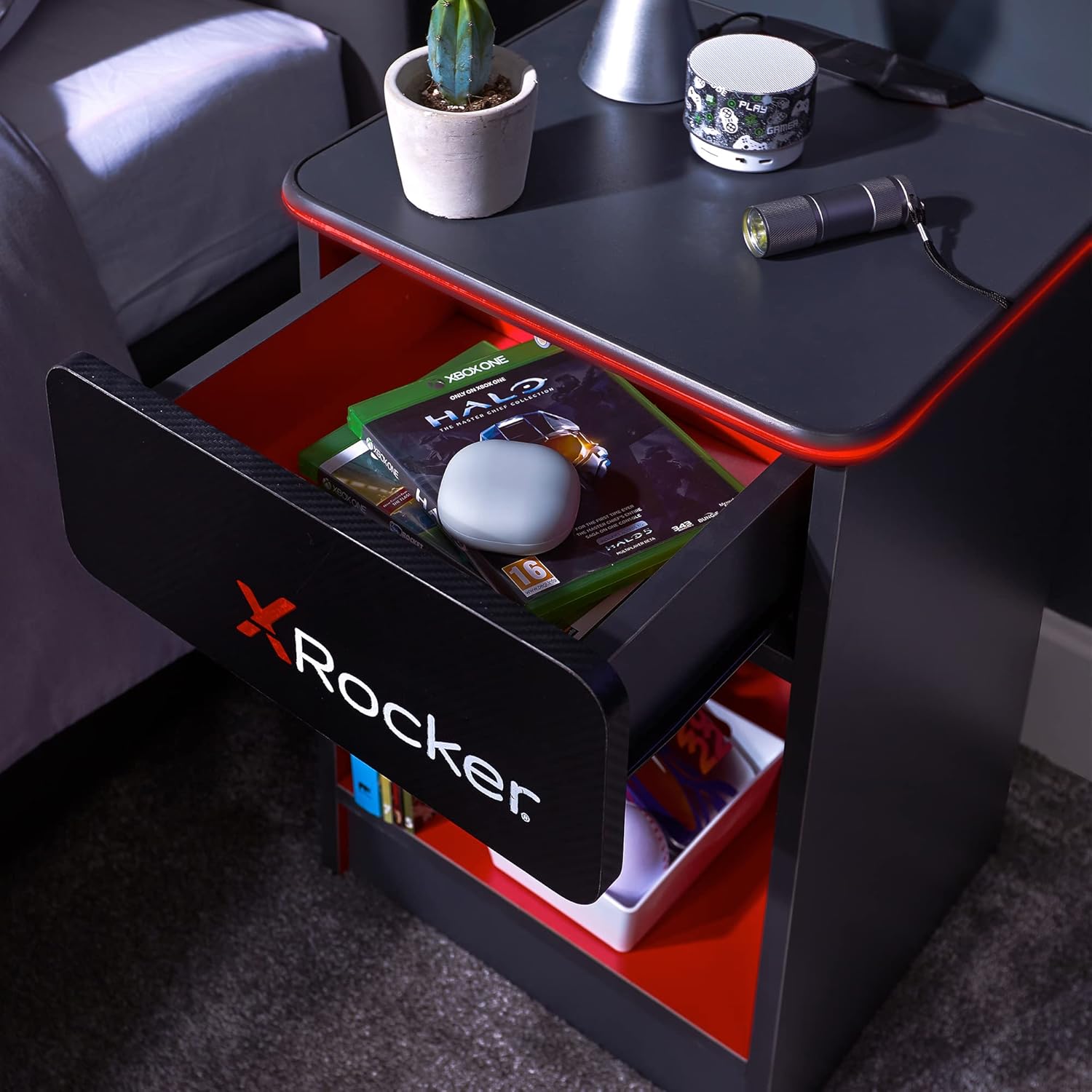 X Rocker Carbon-Tek Gaming Bedside Table with Built-in Wireless Charging Pad and Multi-Color LED Lighting, Single Sided Cabinet End Table with Drawer and Storage Shelf - Grey Carbon Fiber Effect