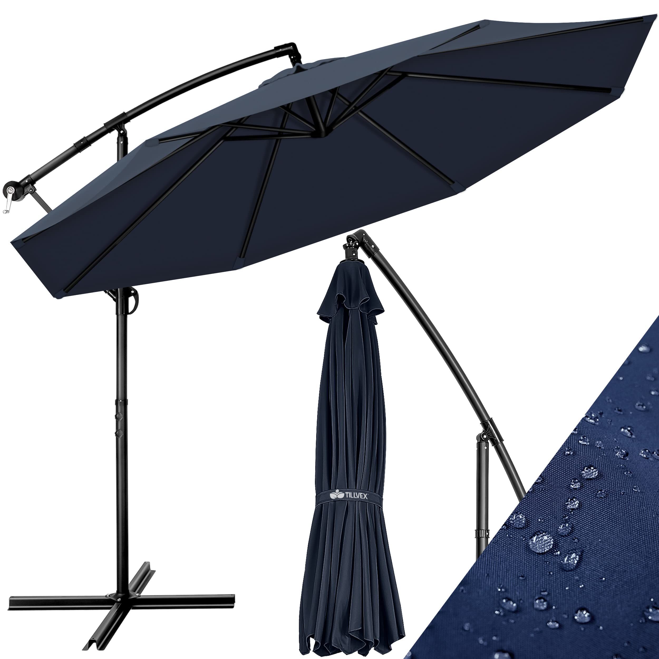 tillvex Sombrilla de 300 cm de diámetro con manivela, sombrilla con soporte, sombrilla de jardín, protección UV, aluminio, paraguas de mercado impermeable