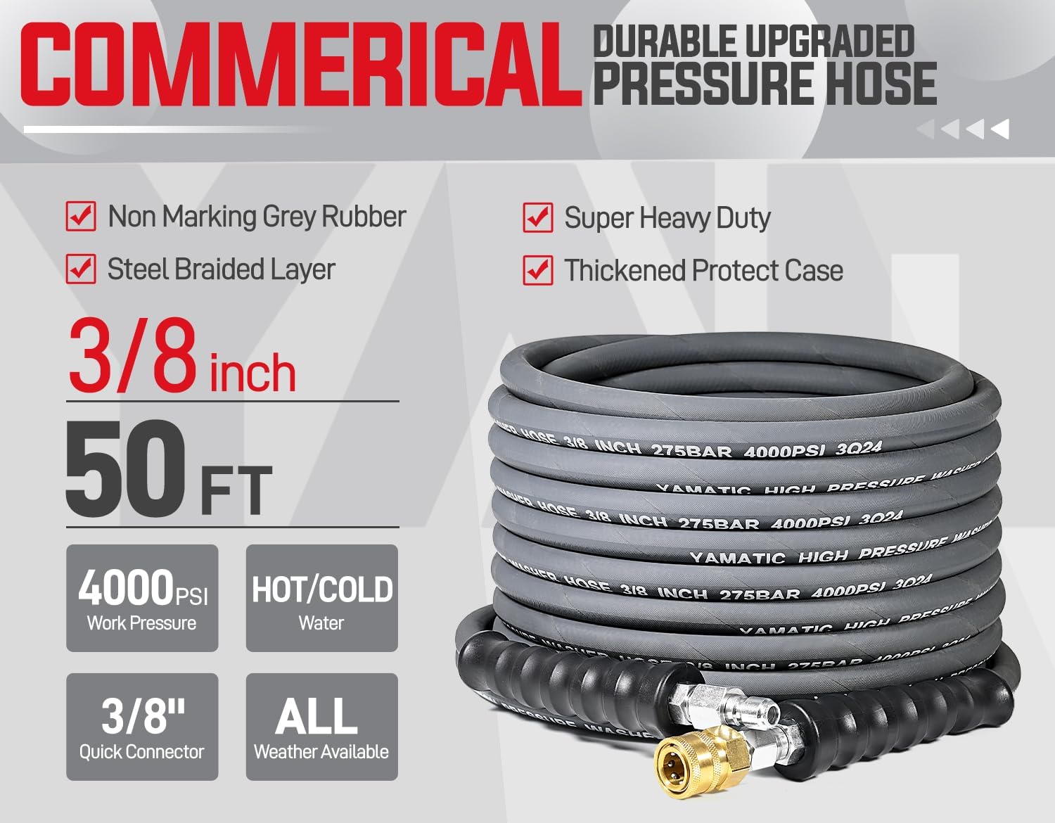 YAMATIC 4000 PSI Pressure Washer Hose 50FT x 3/8", Swivel Quick Connector – Steel Wire Braided, Kink-Free & Non-Marking Rubber Jacket