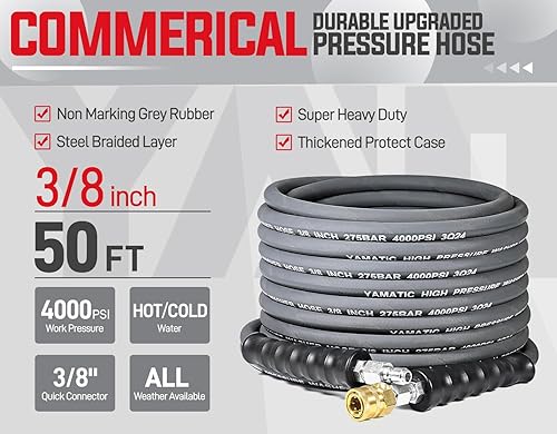 Miniatura 2 de YAMATIC - Manguera para lavadora a presión de 4000 PSI, 50 pies x 38", conector rápido giratorio  Alambre de acero trenzado, cubierta de goma sin