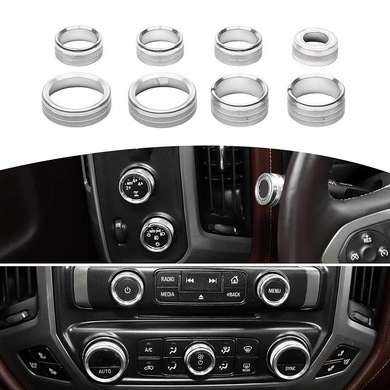 Kit de anéis de acabamento para botões do rádio e ar-condicionado RT-TCZ compatível com Chevy Silverado, Suburban e GMC Sierra 2014–2018 prata, 8 peças