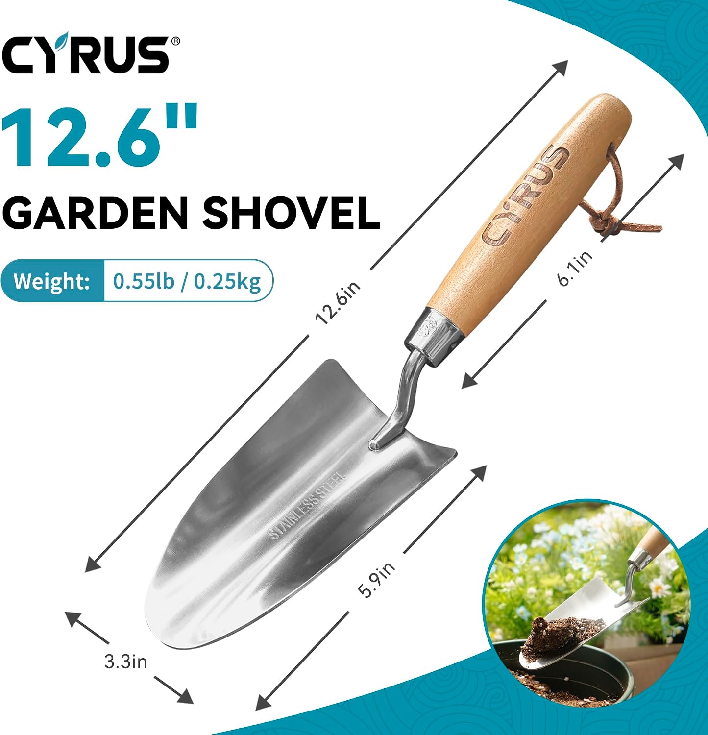 12.6 Inch Stainless Steel Hand Trowel with Ash Wood Handle Garden Shovel image 2