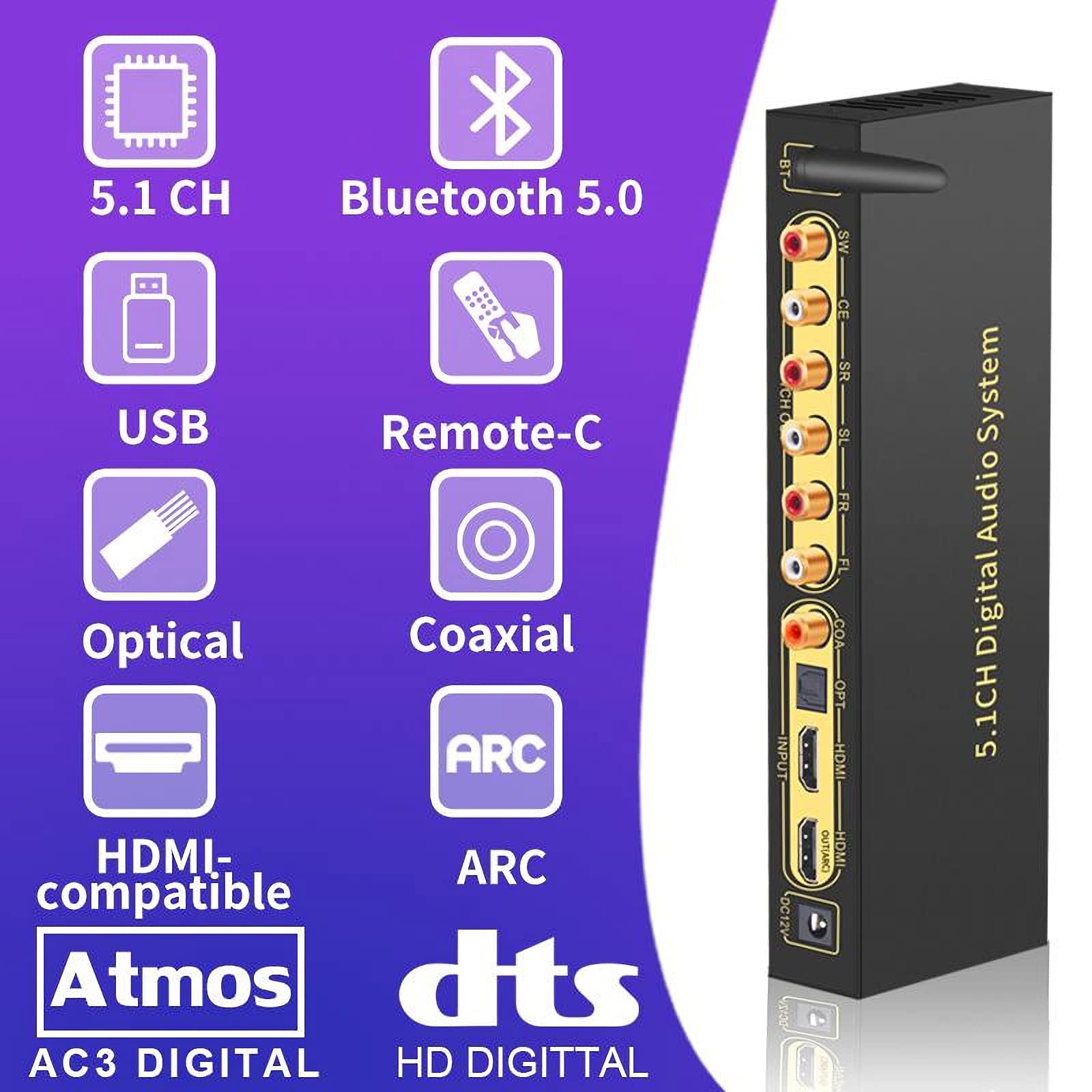 HDMI-Audiodecoder, Mit 24 Bit/192 kHz Audio-DSP, USB/optisch/koaxial Auf RCA AUX, Kompatibel Mit ARC SPDIF Koaxial RCA DTSHD AC3 FLAC APE 4K*2K