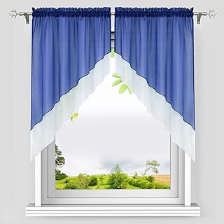 Sheer Swag Curtain Window Treatment Pole Pocket Kitchen Tier Curtains Double Layer Roman Transparent Polyester Window Valance, 2pcs(Blue,31 inch Length)