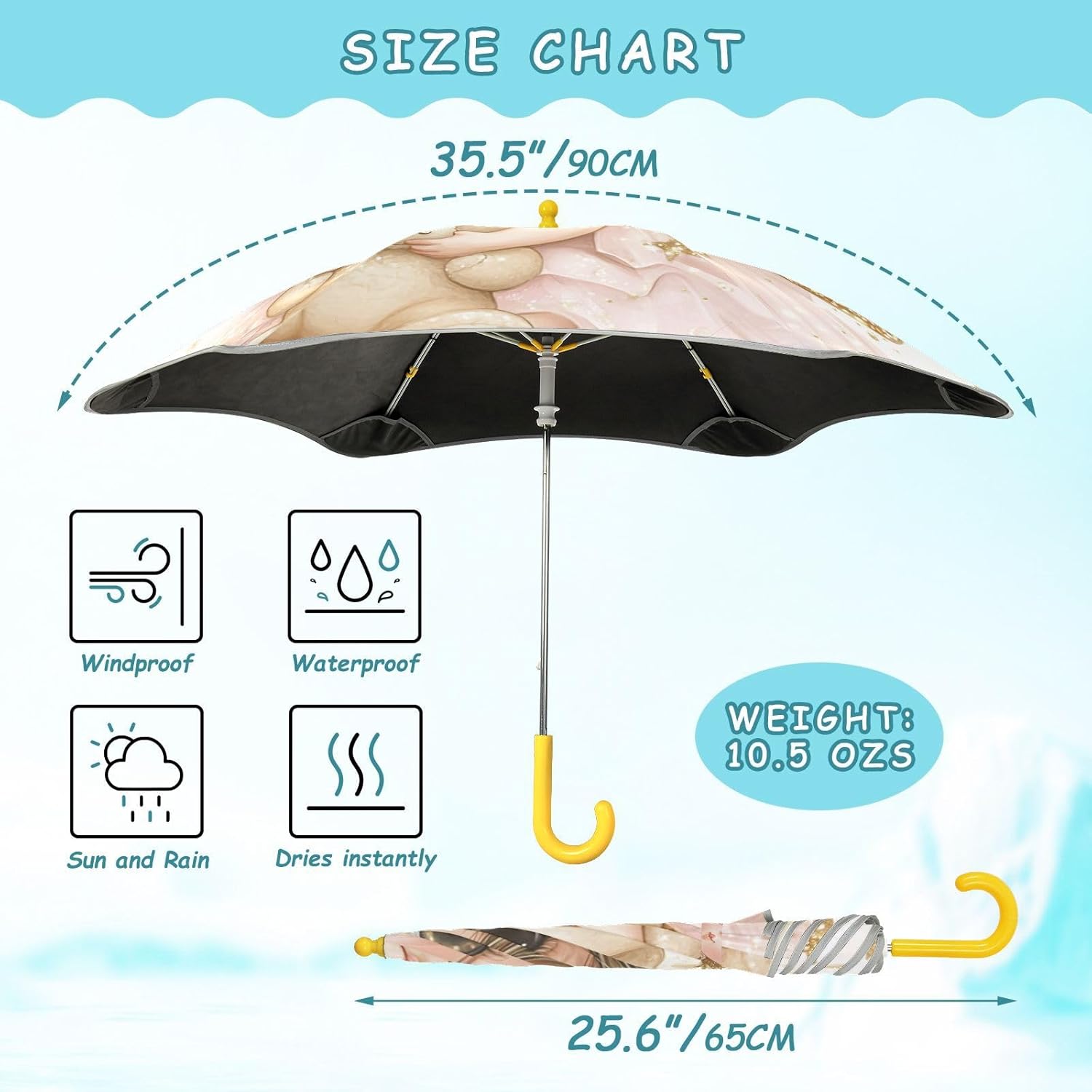 Cute Baby Golden Wings Designer umbrellas for kids Wind and Rain Protection Umbrella with Reflective Strip Pinch-Proof for school