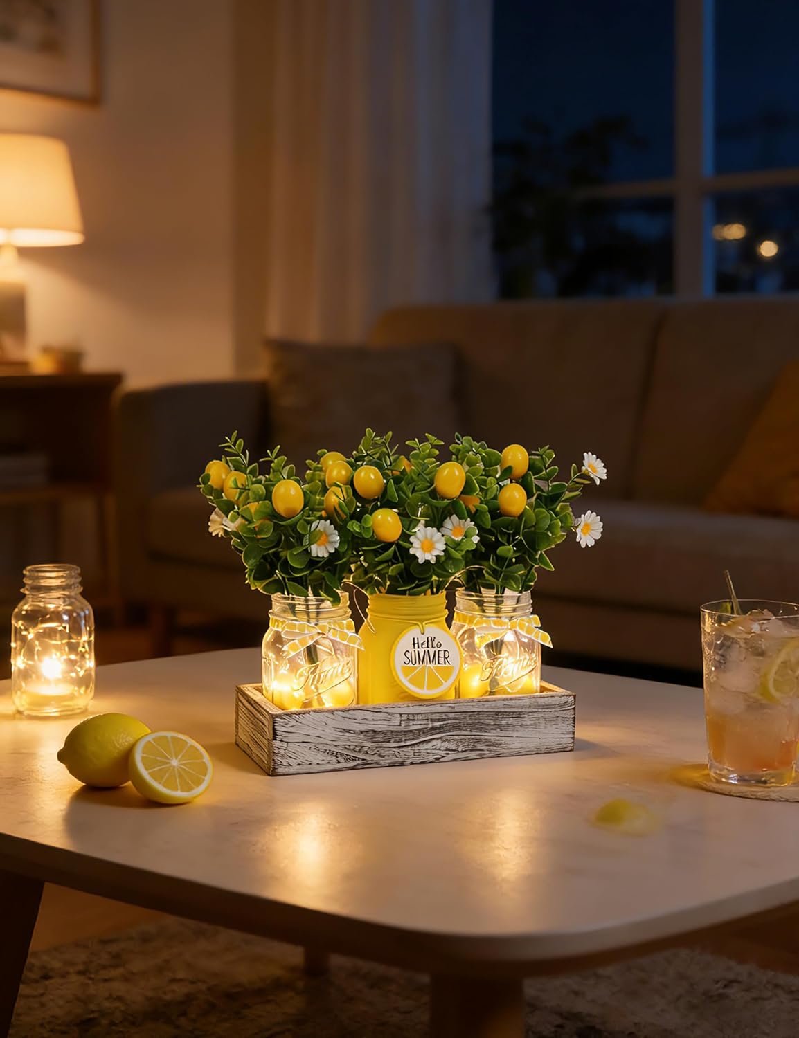 Lemon Kitchen Decor, Centerpieces for Tables, Mason Jar Lemon Party Decorations for Home, Fake Artificial Lemons Flower, Wood Tray, 22 Pcs Farmhouse Summer Table Decorations Outdoor for Kitchen