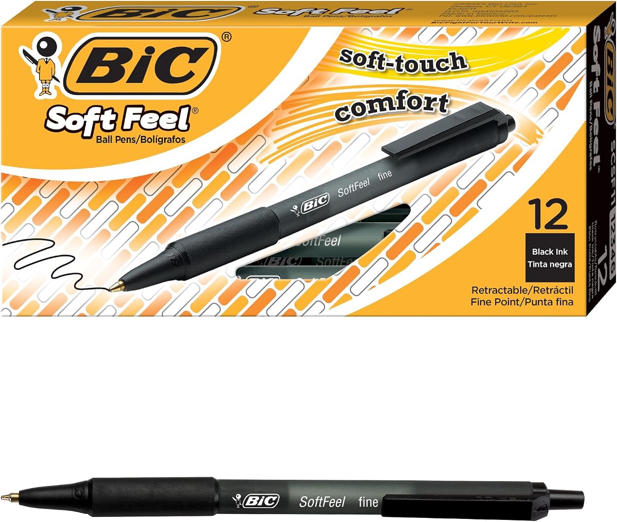 BIC Soft Feel Black Retractable Ballpoint Pens, 12-Count Pack, 1.0mm | Medium Point for Smooth Writing | Soft-Touch Comfort Grip | Ideal for School, Work, Or Home