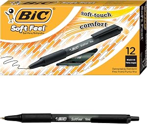BIC Soft Feel Black Retractable Ballpoint Pens, Medium Point (1.0 mm), 12-Count Pack, Black Pens With Soft-Touch Comfort Grip
