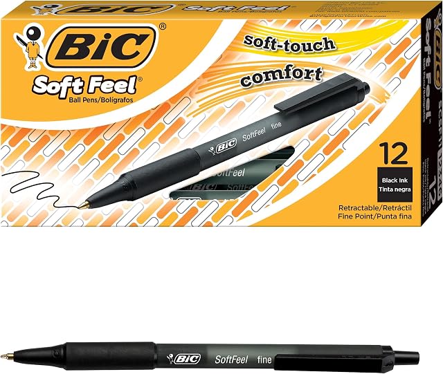 BIC Soft Feel Black Retractable Ballpoint Pens, Medium Point (1.0 mm), 12-Count Pack, Black Pens With Soft-Touch Comfort Grip