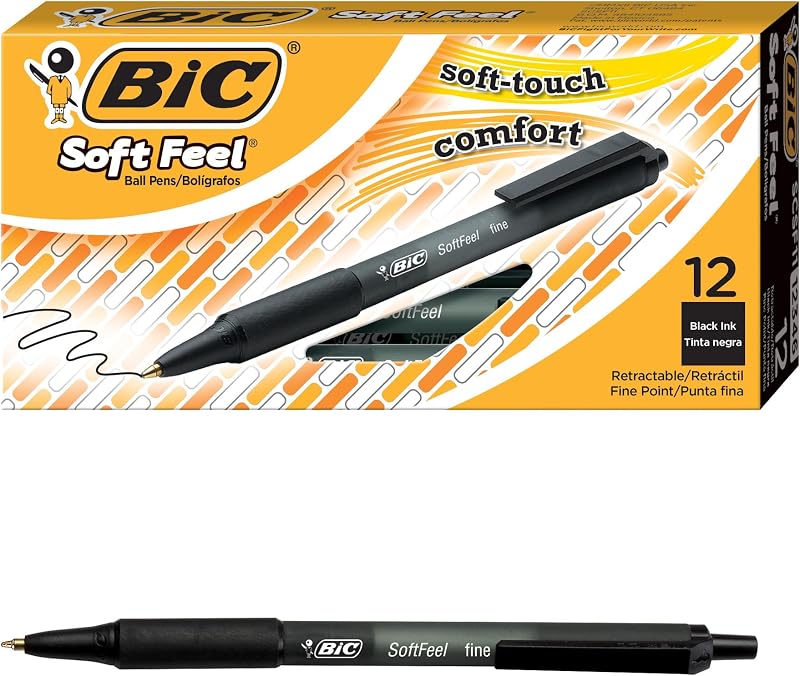 BIC Soft Feel Black Retractable Ballpoint Pens, 12-Count Pack, 1.0mm | Medium Point for Smooth Writing | Soft-Touch Comfort Grip | Ideal for School, Work, Or Home