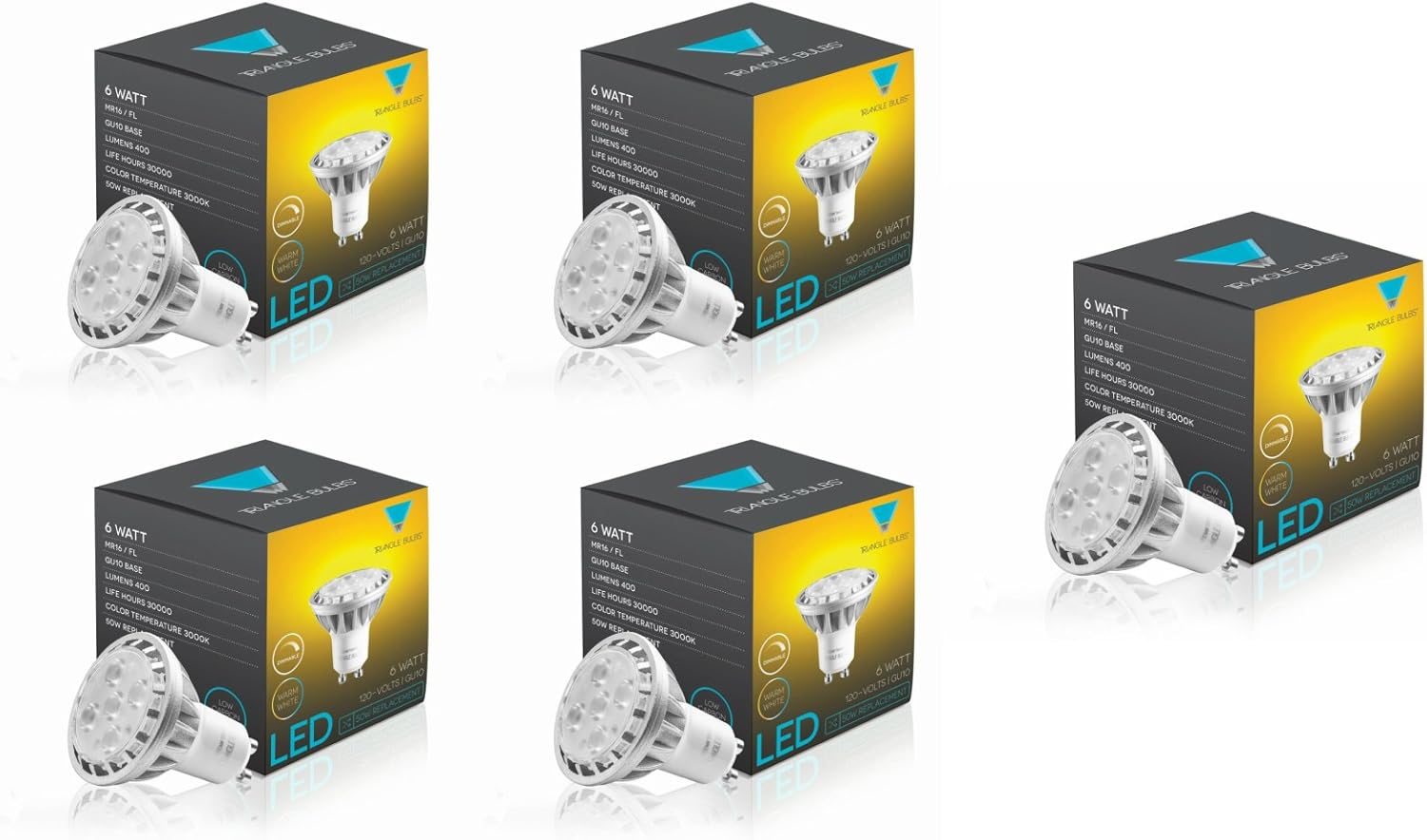 Pack of 5 Triangle Bulbs LED 6Watt Dimmable GU10 MR16 60° High Power 50W Equivalent, Warm