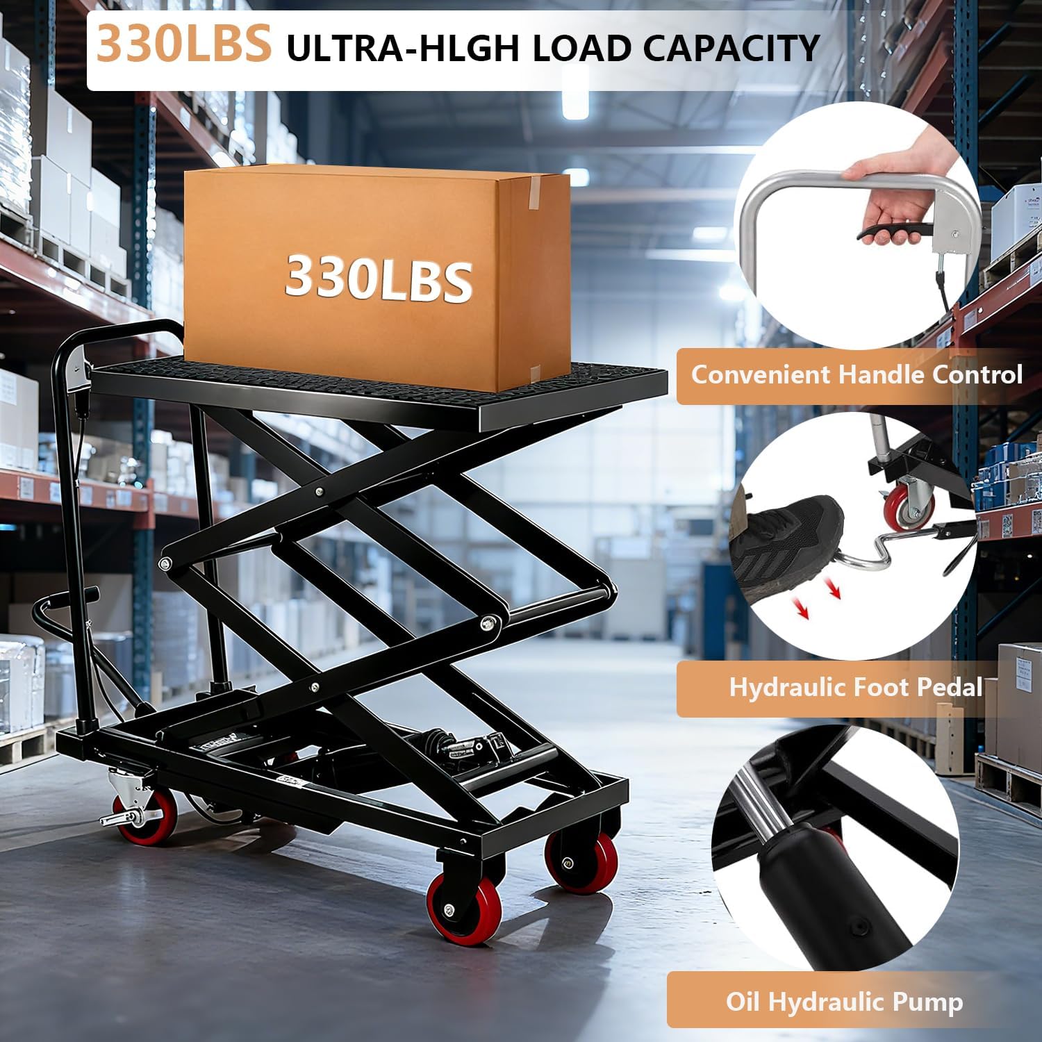 Hydraulic Lift Table, 500 Lbs Capacity, 28.4" Lifting Height, Single Scissor Lift Table Cart with 4 Wheels and Non-Slip Pad, Manual Hydraulic Lifting Cart (Black-330-Double)