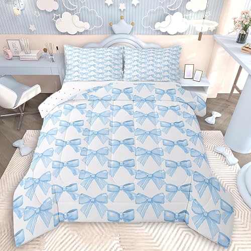Feelyou Watercolor Blue Bow Bedding Set for Kids Boys Girls 