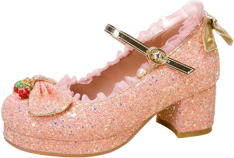 KOKOMOMO Womens Glitter Chunky Mary Janes Platform Shoes Sequin Pumps with Bow Kawaii Shoes