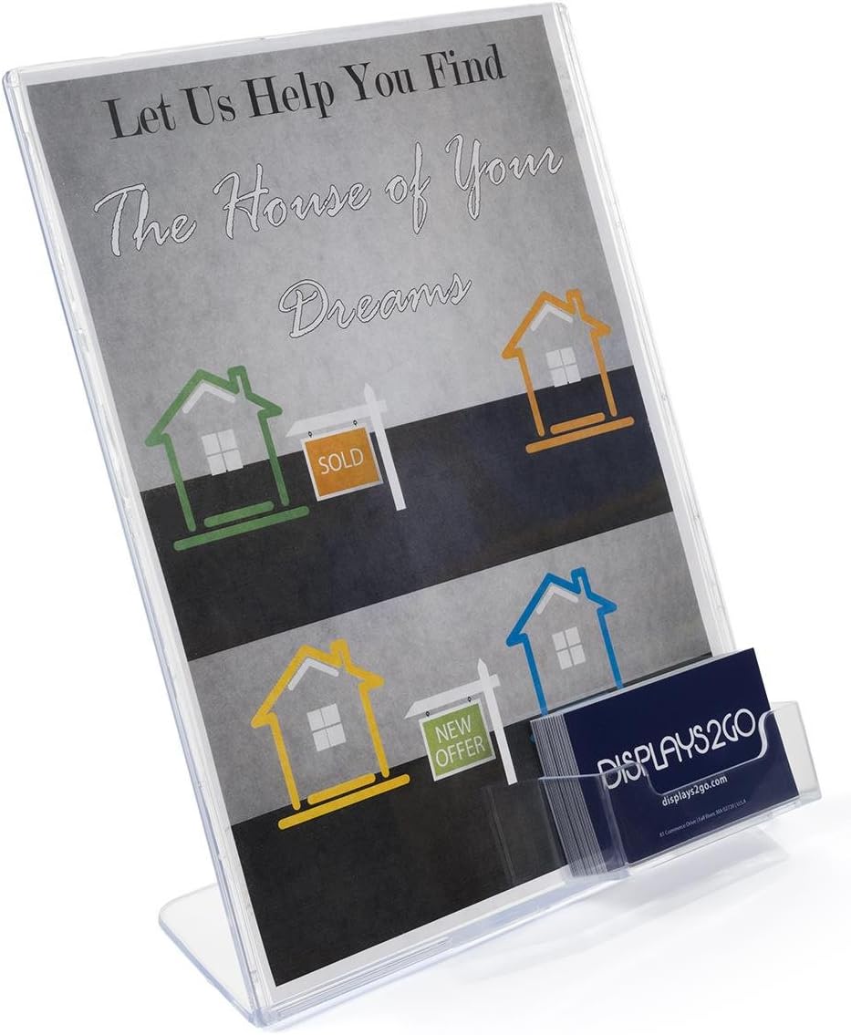 Displays2go Set of 6, Slanted Plastic Sign Frame with Attached Business Card Holder For Desktop Use, Clear Injection Molded Tabletop Sign Holder, Top Loading