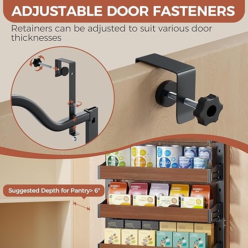 Miniatura 3 de Estante de especias de 8 niveles, organizador de despensa resistente sobre la puerta con cesta ajustable de madera, soporte de pared 2 en 1 o