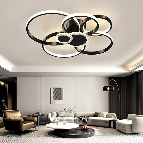Miniatura 7 de Ofenrd Moderna lámpara de techo LED de montaje empotrado, color negro, con control remoto y aplicación inteligente, lámpara de techo regulable de 3