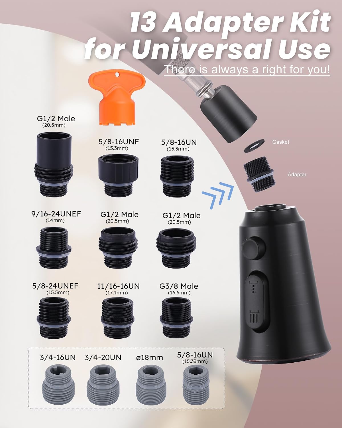 WOWOW Kitchen Faucet Head Replacement, 3 Function Pull Down Faucet Sprayer Head with 13 Adapters, Oil Rubbed Bronze Kitchen Sprayer Nozzle Compatible with Moen, Delta, Kohler Faucets