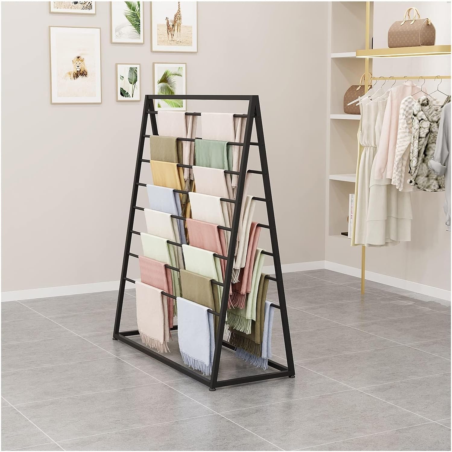 Floor Scarf Display Rack - Metal Shelf Double Sided, for Displaying Silk Scarf Fabric Towel Paper, Metal Hijab Hangers, Silk Scarf Blanket Rack, Sheets Belt Suit Pants Hanging Rack(C,80X40X145CM)