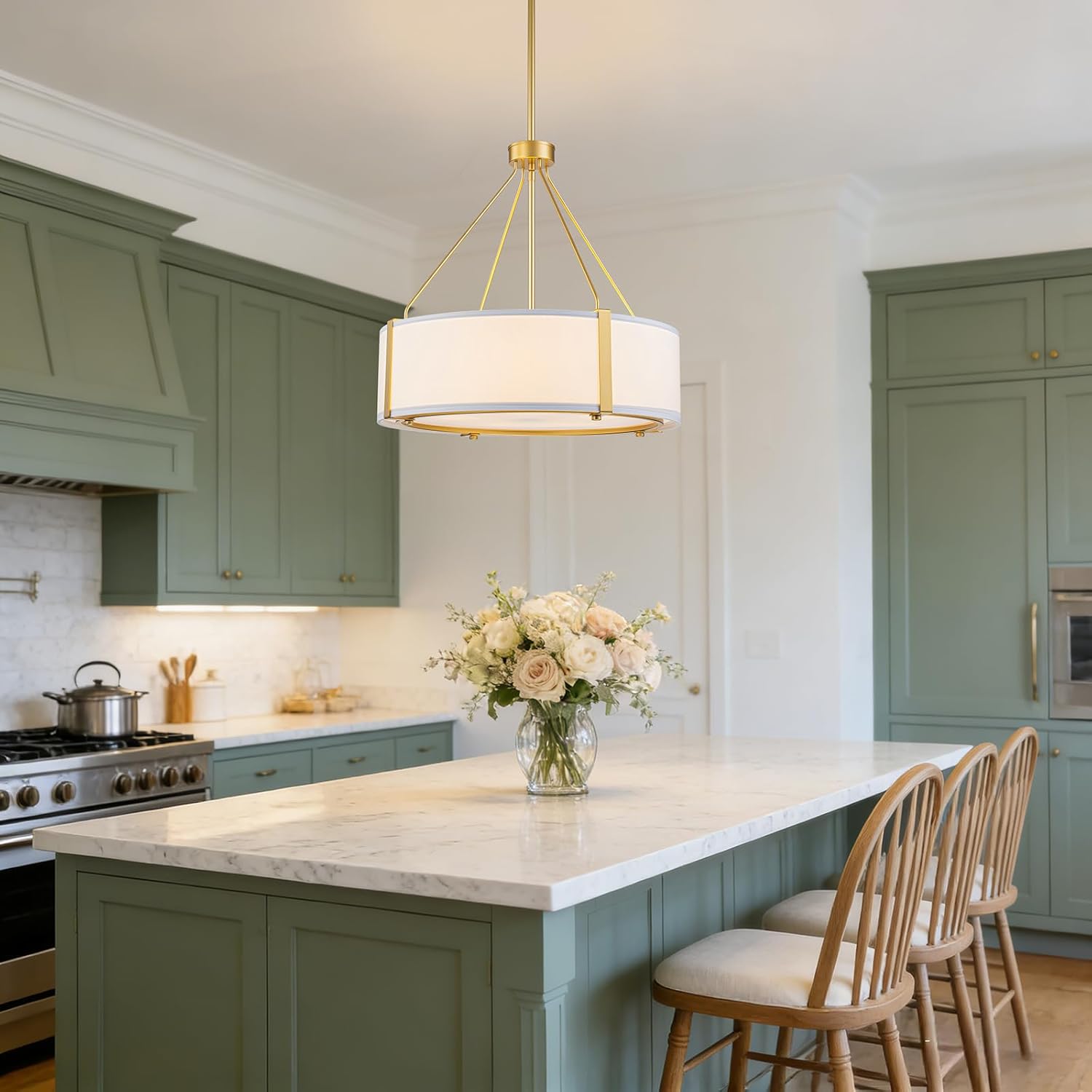 20'' Gold Drum Chandeliers, Modern Dining Room Chandelier with White Shade, 5-Light Antique Brass Chandeliers, Adjustable Hanging Pendant Light Fixture for Kitchen Island Living Room