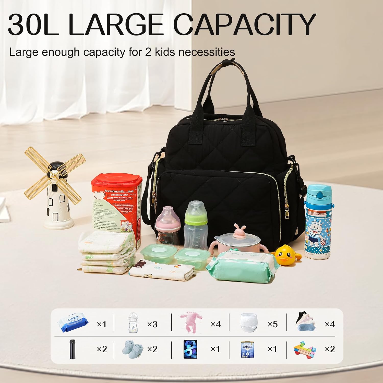 Large Diaper Backpack with Changing Pad, 6 in 1 Travel Diapers Baby Bag for Mom Quilted Mommy Daipering, Hospital Bag for Women Labor Delivery Maternity Tote (Black)