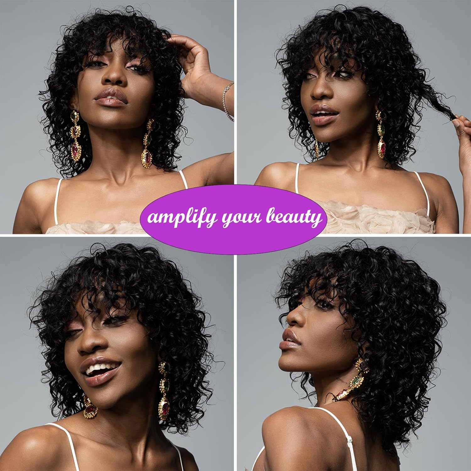OnePart human wigs short water wave wig with bangs 100% brazilian virgin human hair wig wet and wavy machine made glueless for black women natural black 12 inch
