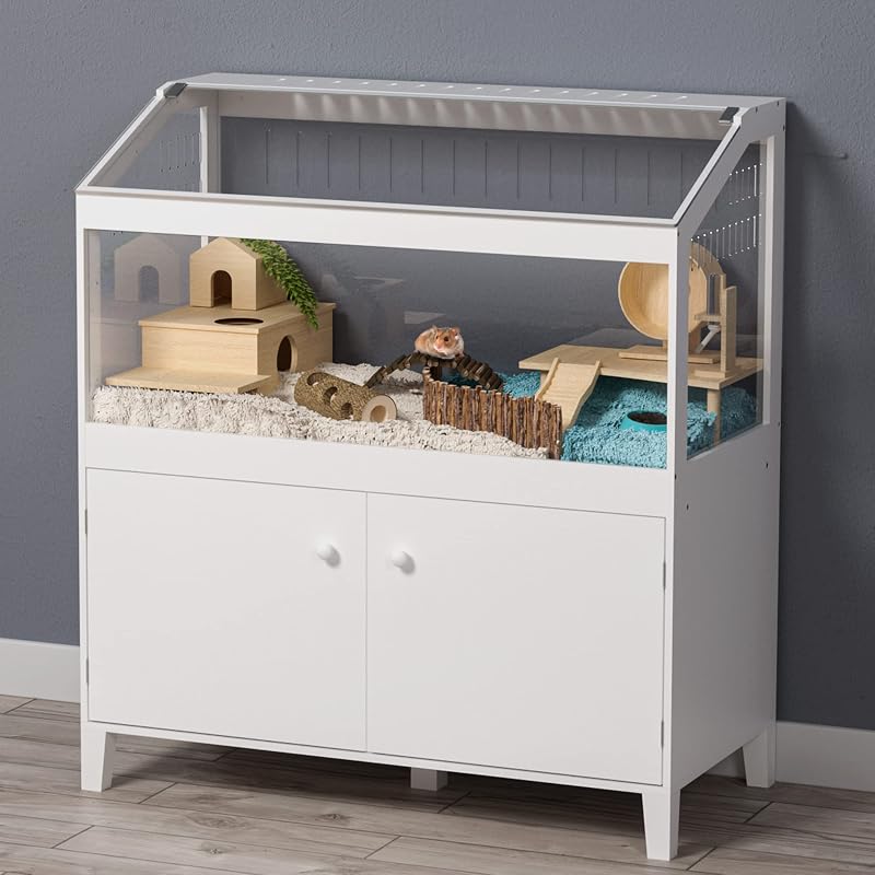 Hamster Cage with Acrylic Panels and Storage, 39.5 x 19.7 Inch | Furniture-style habitat offers two levels, two access doors, and ample floor space for hamsters, gerbils, rats, or hedgehogs