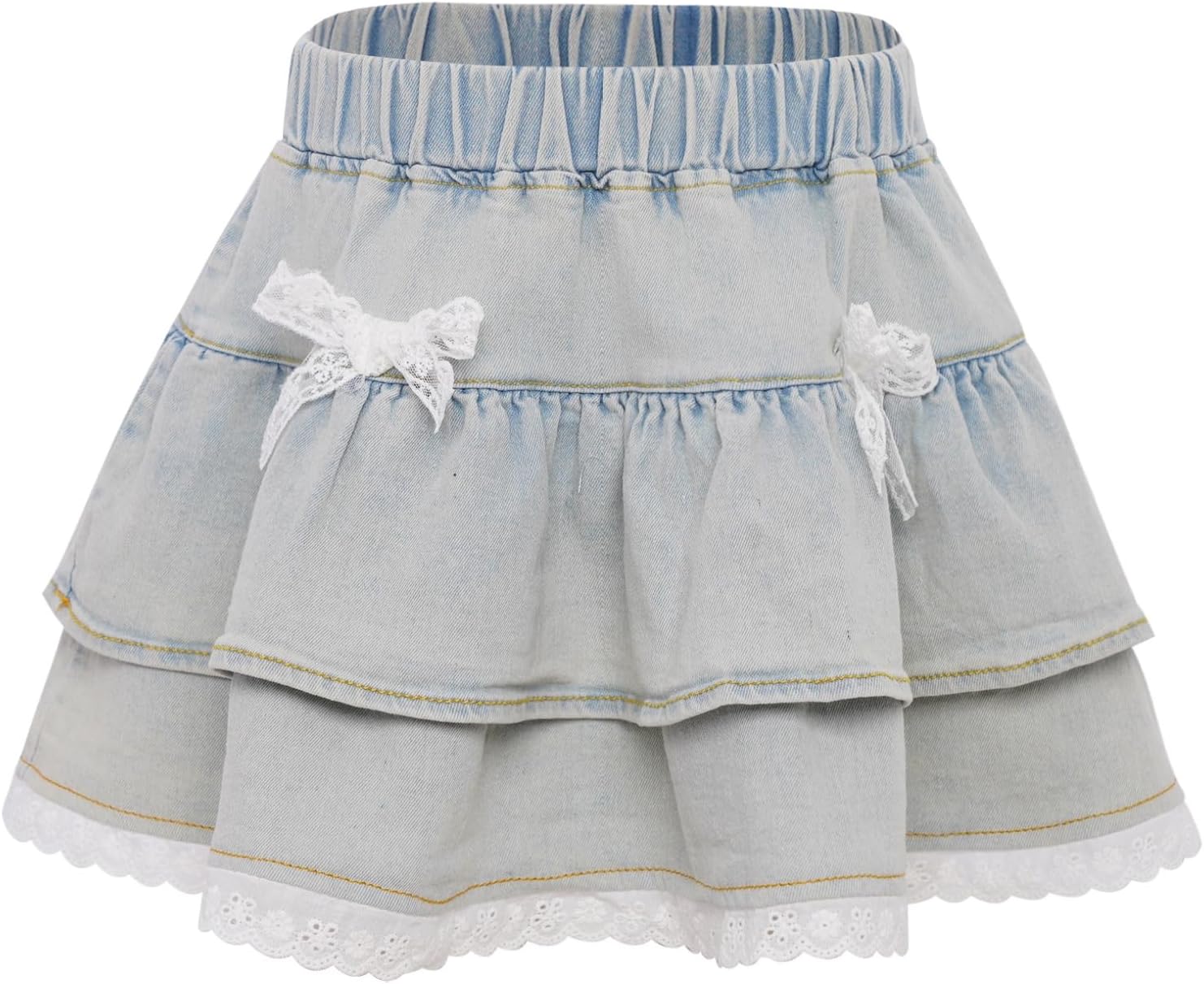 Oyolan Kids Girls Ruffled Tiered Jean Skirt with Bowknot with Lace Trim Elastic Waist for Casual Vacation Outdoor Wear